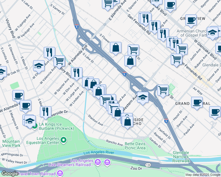 map of restaurants, bars, coffee shops, grocery stores, and more near 414 Irving Avenue in Glendale
