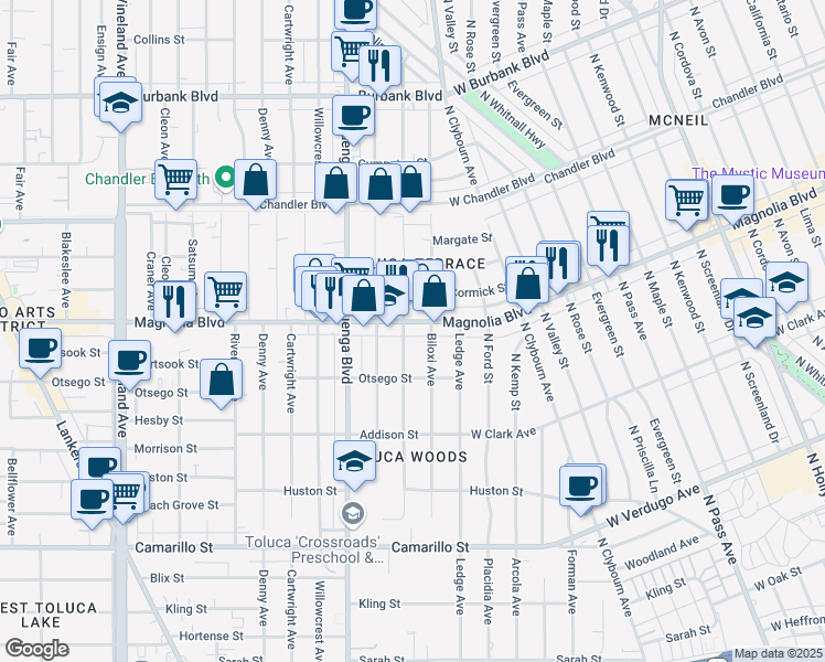 map of restaurants, bars, coffee shops, grocery stores, and more near 5130 Strohm Avenue in Los Angeles