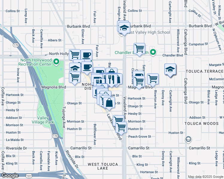 map of restaurants, bars, coffee shops, grocery stores, and more near 11047 Hartsook Street in Los Angeles