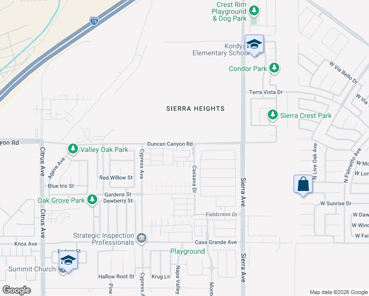 map of restaurants, bars, coffee shops, grocery stores, and more near 16582 Bottlebrush Lane in Fontana