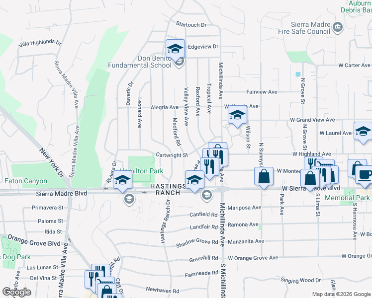 map of restaurants, bars, coffee shops, grocery stores, and more near 1030 Medford Road in Pasadena