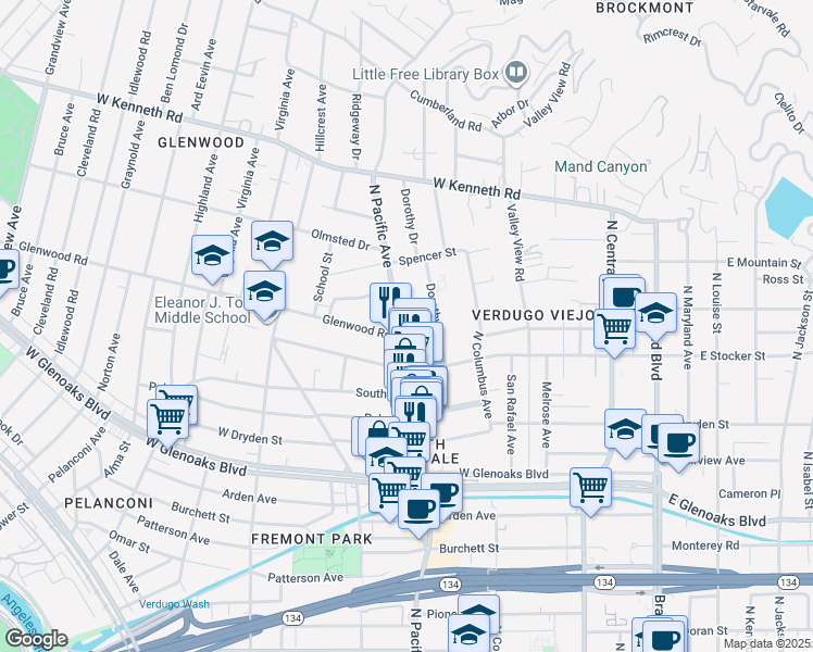 map of restaurants, bars, coffee shops, grocery stores, and more near 1232 North Pacific Avenue in Glendale