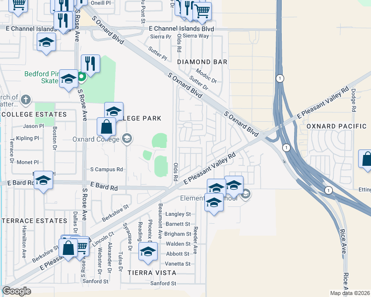 map of restaurants, bars, coffee shops, grocery stores, and more near 2136 Thrush Avenue in Oxnard