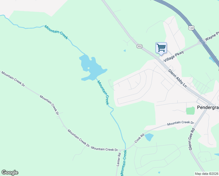 map of restaurants, bars, coffee shops, grocery stores, and more near 102 Russell Road in Pendergrass