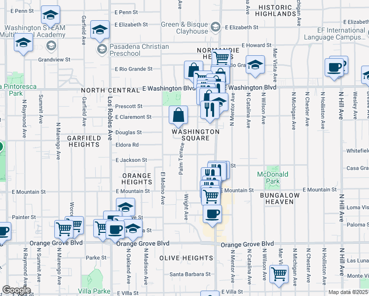 map of restaurants, bars, coffee shops, grocery stores, and more near 1090 Palm Terrace in Pasadena