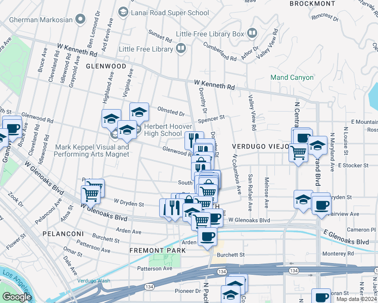 map of restaurants, bars, coffee shops, grocery stores, and more near 515 Glenwood Road in Glendale