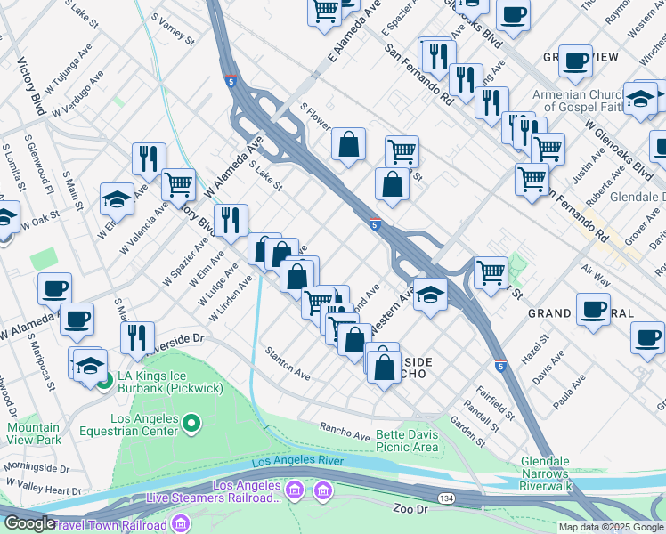 map of restaurants, bars, coffee shops, grocery stores, and more near 414 Irving Avenue in Glendale