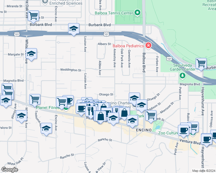 map of restaurants, bars, coffee shops, grocery stores, and more near 5159 Amestoy Avenue in Los Angeles