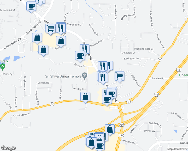 map of restaurants, bars, coffee shops, grocery stores, and more near 5940 Bethelview Road in Cumming