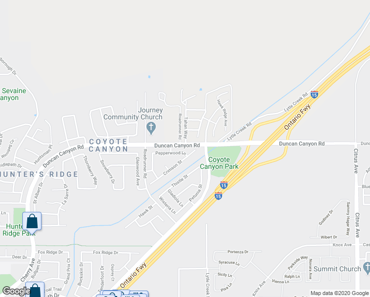 map of restaurants, bars, coffee shops, grocery stores, and more near 15418 Pepperwood Lane in Fontana