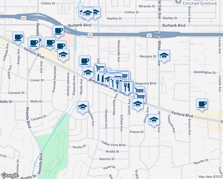 map of restaurants, bars, coffee shops, grocery stores, and more near 18019 Santa Rita Street in Los Angeles