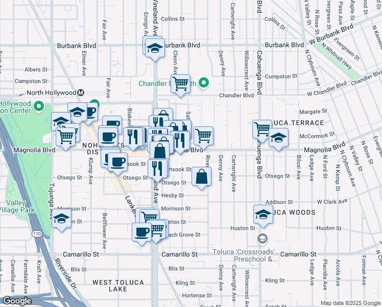 map of restaurants, bars, coffee shops, grocery stores, and more near 10842 Magnolia Boulevard in Los Angeles