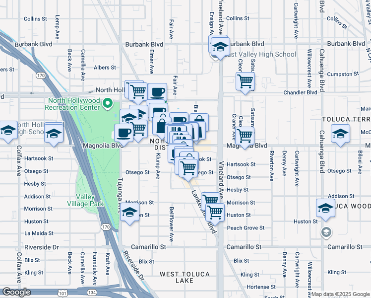 map of restaurants, bars, coffee shops, grocery stores, and more near 5142 Lankershim Boulevard in Los Angeles