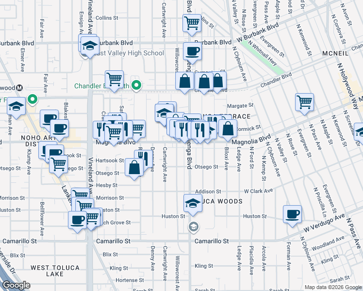 map of restaurants, bars, coffee shops, grocery stores, and more near 10618 Magnolia Boulevard in Los Angeles