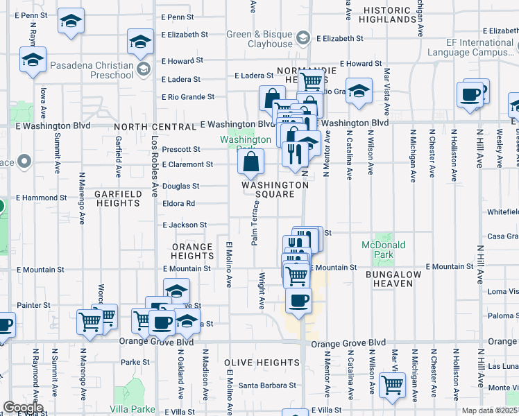 map of restaurants, bars, coffee shops, grocery stores, and more near 1090 Palm Terrace in Pasadena