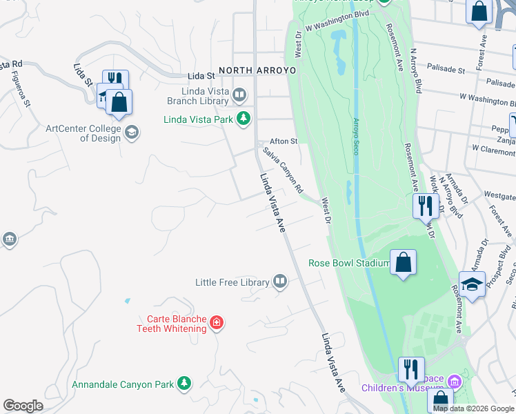 map of restaurants, bars, coffee shops, grocery stores, and more near 1225 Wabash Street in Pasadena