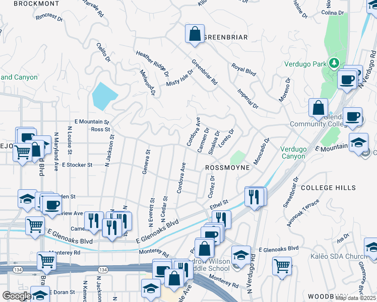 map of restaurants, bars, coffee shops, grocery stores, and more near 900 East Mountain Street in Glendale