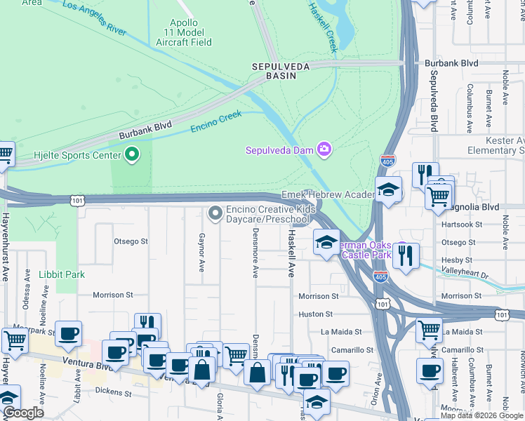 map of restaurants, bars, coffee shops, grocery stores, and more near 15724 Hartsook Street in Los Angeles