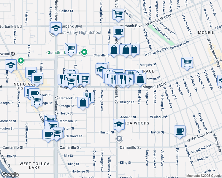 map of restaurants, bars, coffee shops, grocery stores, and more near 10620 Magnolia Boulevard in Los Angeles