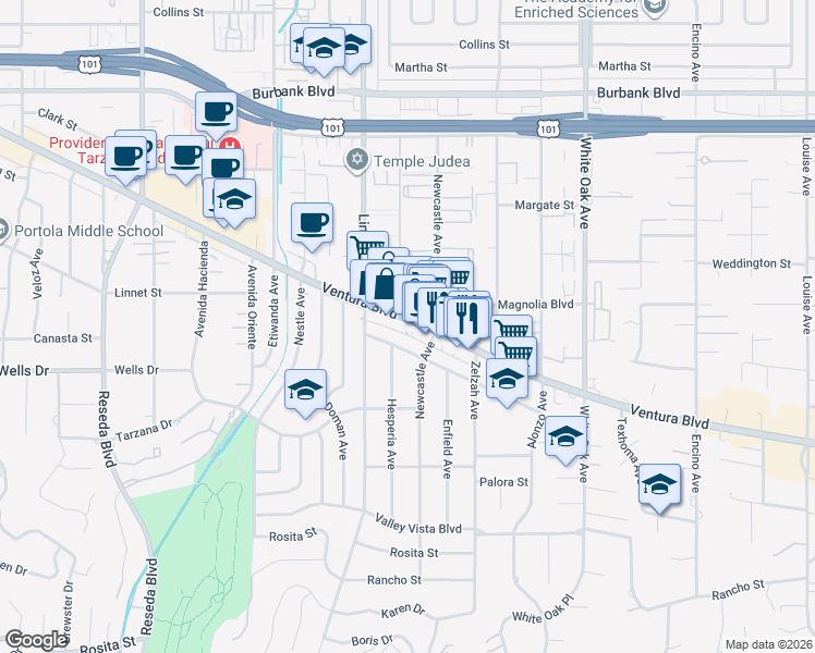 map of restaurants, bars, coffee shops, grocery stores, and more near 18019 Santa Rita Street in Los Angeles