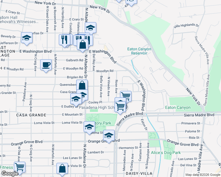 map of restaurants, bars, coffee shops, grocery stores, and more near 1030 North Vinedo Avenue in Pasadena