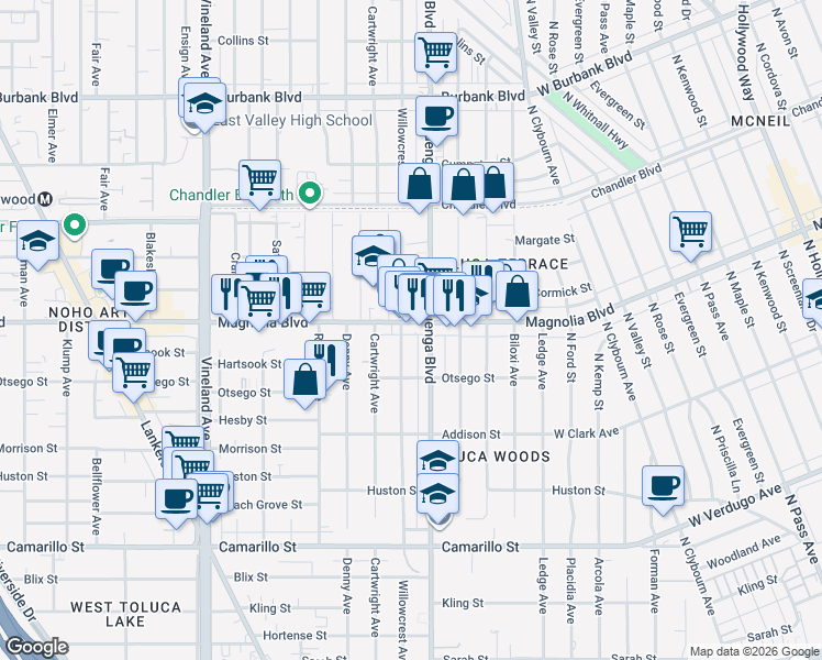 map of restaurants, bars, coffee shops, grocery stores, and more near 10618 Magnolia Boulevard in Los Angeles