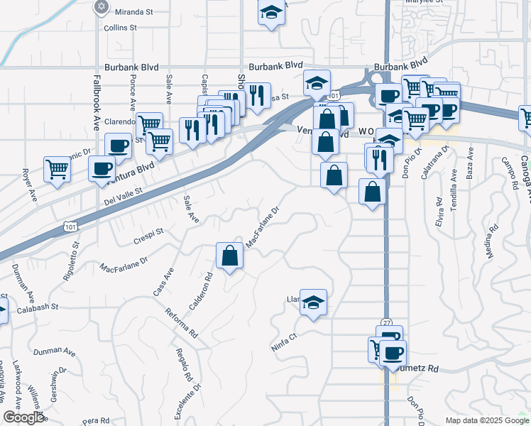 map of restaurants, bars, coffee shops, grocery stores, and more near 22313 Macfarlane Drive in Los Angeles