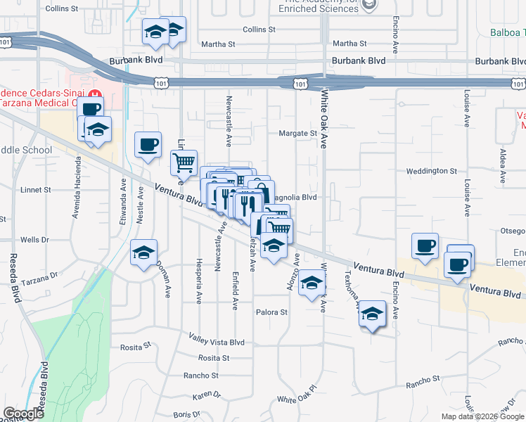 map of restaurants, bars, coffee shops, grocery stores, and more near 5135 Zelzah Avenue in Los Angeles