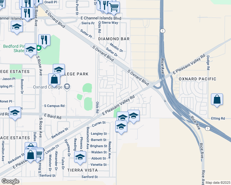 map of restaurants, bars, coffee shops, grocery stores, and more near 4021 Oriole Lane in Oxnard