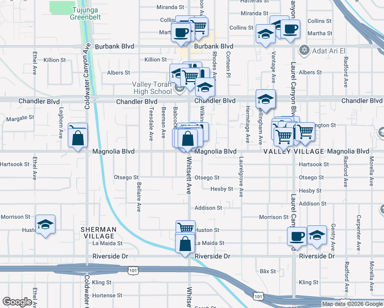 map of restaurants, bars, coffee shops, grocery stores, and more near 12460 West Magnolia Boulevard in Los Angeles