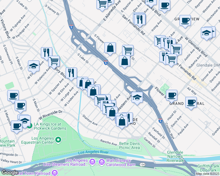 map of restaurants, bars, coffee shops, grocery stores, and more near 427 Thompson Avenue in Glendale