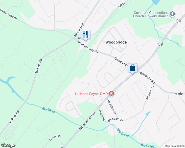 map of restaurants, bars, coffee shops, grocery stores, and more near 6212 Stillwater Cove in Flowery Branch