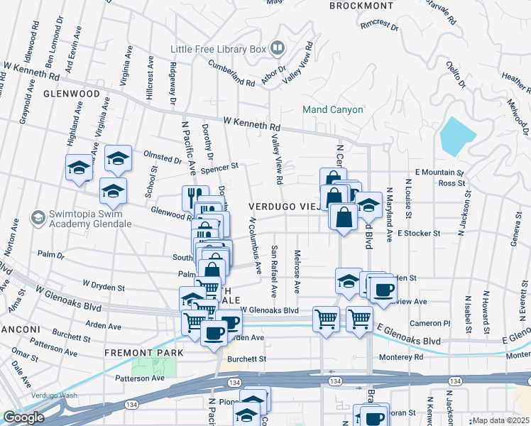 map of restaurants, bars, coffee shops, grocery stores, and more near 345 West Loraine Street in Glendale
