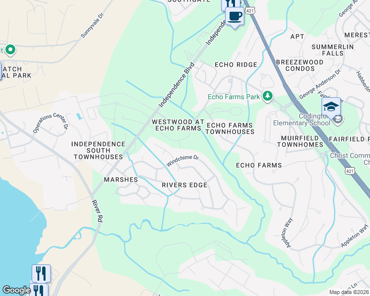 map of restaurants, bars, coffee shops, grocery stores, and more near 3845 Rounding Bend Lane in Wilmington