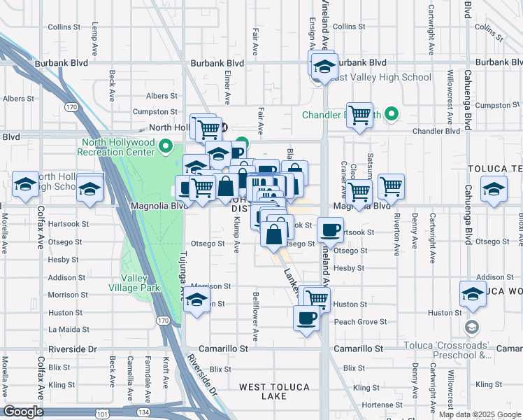 map of restaurants, bars, coffee shops, grocery stores, and more near 5166 Lankershim Boulevard in Los Angeles