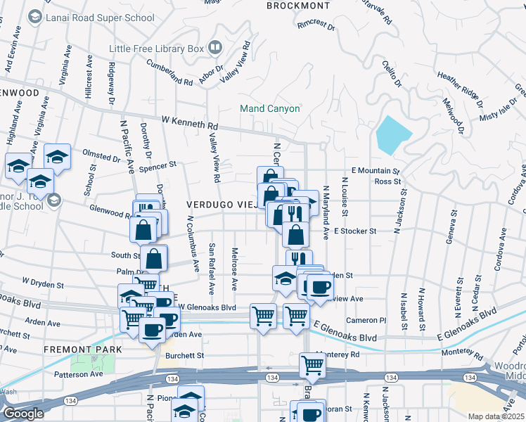 map of restaurants, bars, coffee shops, grocery stores, and more near 1224 Viola Avenue in Glendale