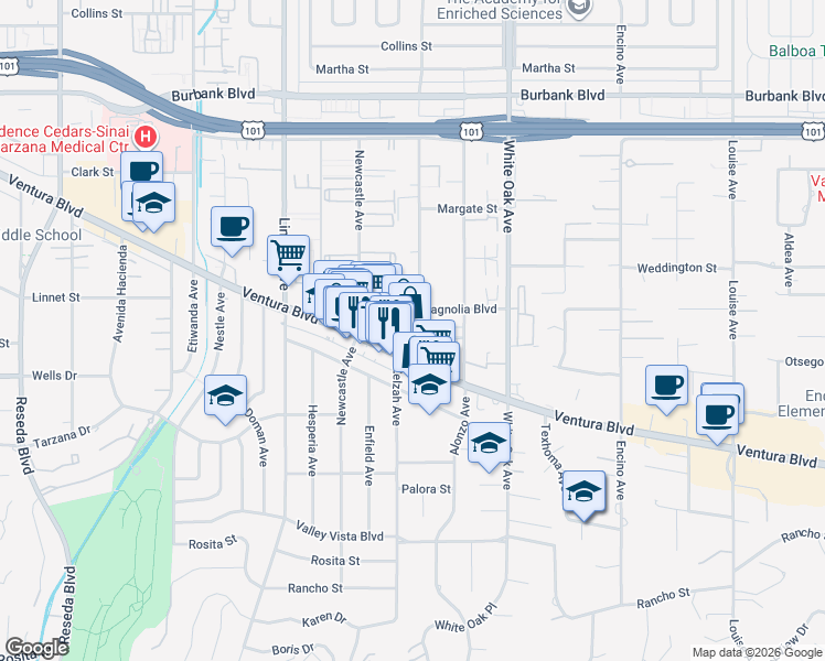 map of restaurants, bars, coffee shops, grocery stores, and more near 5135 Zelzah Avenue in Los Angeles