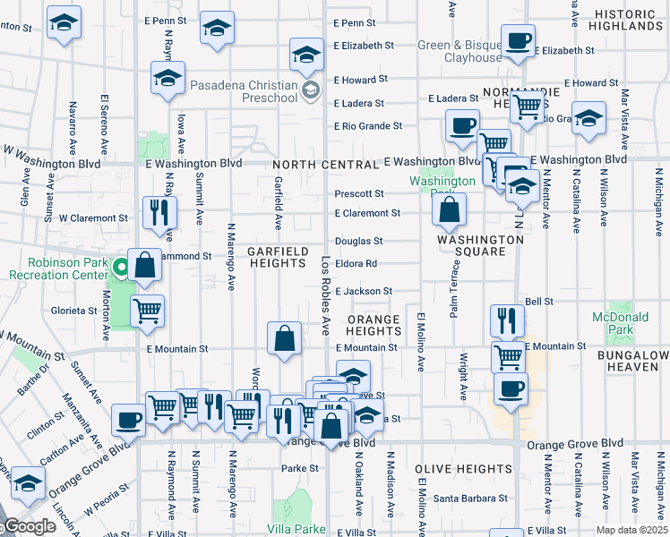 map of restaurants, bars, coffee shops, grocery stores, and more near in Pasadena