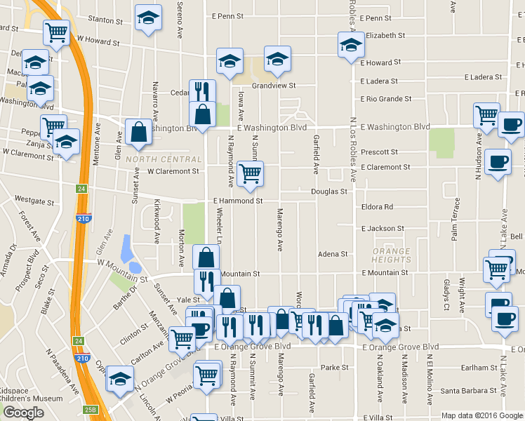 map of restaurants, bars, coffee shops, grocery stores, and more near 1050 North Summit Avenue in Pasadena