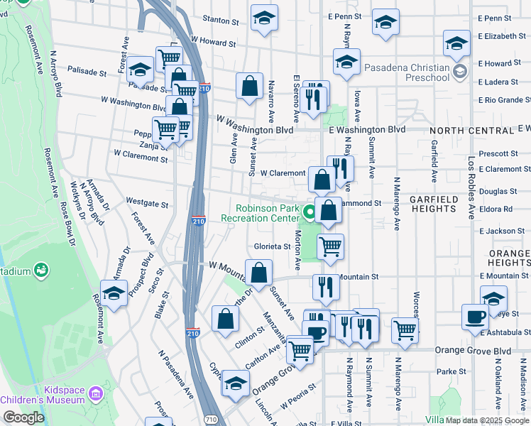 map of restaurants, bars, coffee shops, grocery stores, and more near 1052 Kirkwood Avenue in Pasadena
