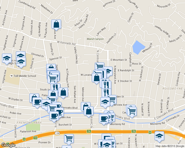 map of restaurants, bars, coffee shops, grocery stores, and more near 1201 Viola Avenue in Glendale
