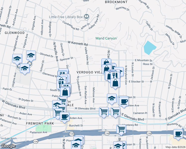 map of restaurants, bars, coffee shops, grocery stores, and more near 1204 Valley View Road in Glendale