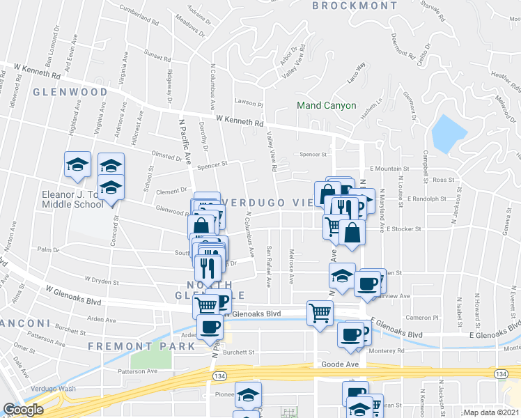 map of restaurants, bars, coffee shops, grocery stores, and more near 345 West Stocker Street in Glendale