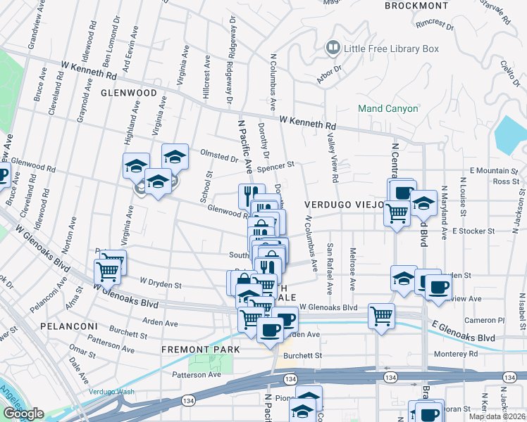 map of restaurants, bars, coffee shops, grocery stores, and more near 1222 North Pacific Avenue in Glendale