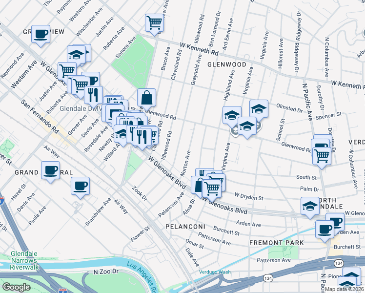 map of restaurants, bars, coffee shops, grocery stores, and more near 1150 Norton Avenue in Glendale
