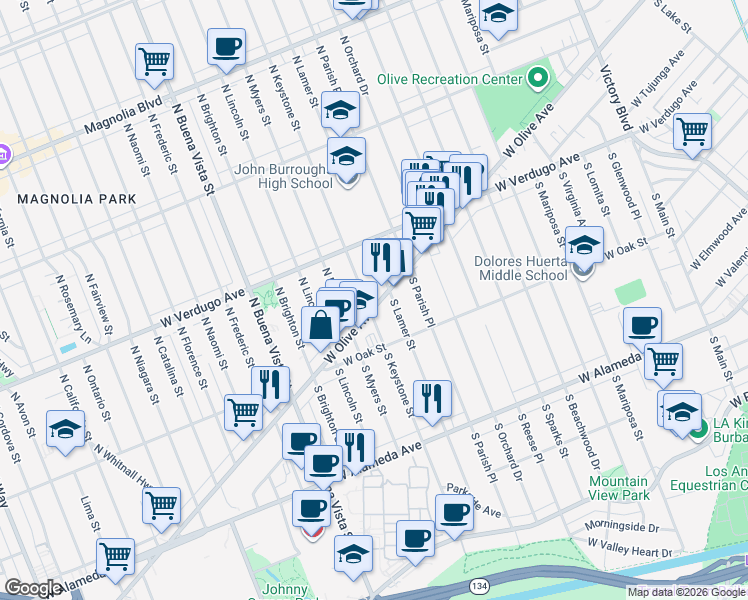 map of restaurants, bars, coffee shops, grocery stores, and more near in Burbank