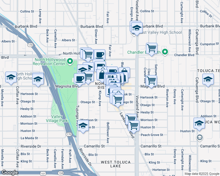 map of restaurants, bars, coffee shops, grocery stores, and more near 5142 Lankershim Boulevard in Los Angeles