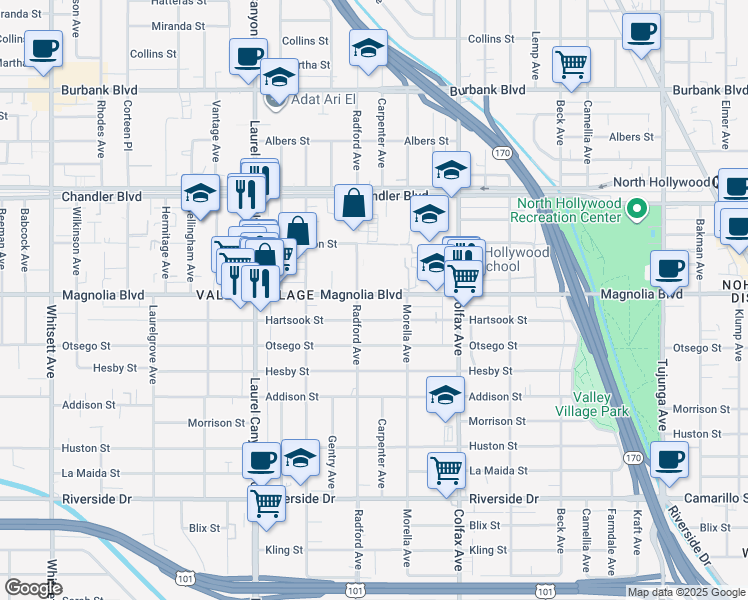 map of restaurants, bars, coffee shops, grocery stores, and more near 5150 Radford Avenue in Los Angeles