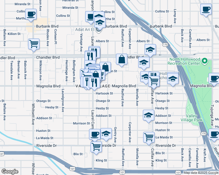 map of restaurants, bars, coffee shops, grocery stores, and more near 11942 Hartsook Street in Los Angeles