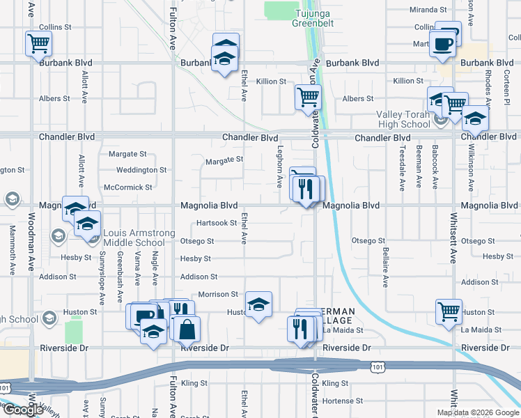 map of restaurants, bars, coffee shops, grocery stores, and more near in Los Angeles
